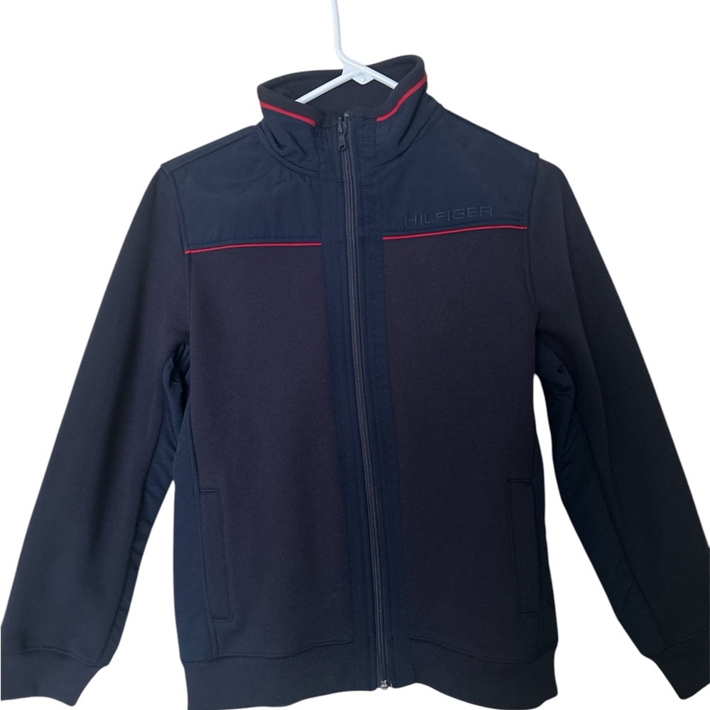 Tommy Hilfiger Navy Blue and Red Casual Jacket with Stand-Up Collar